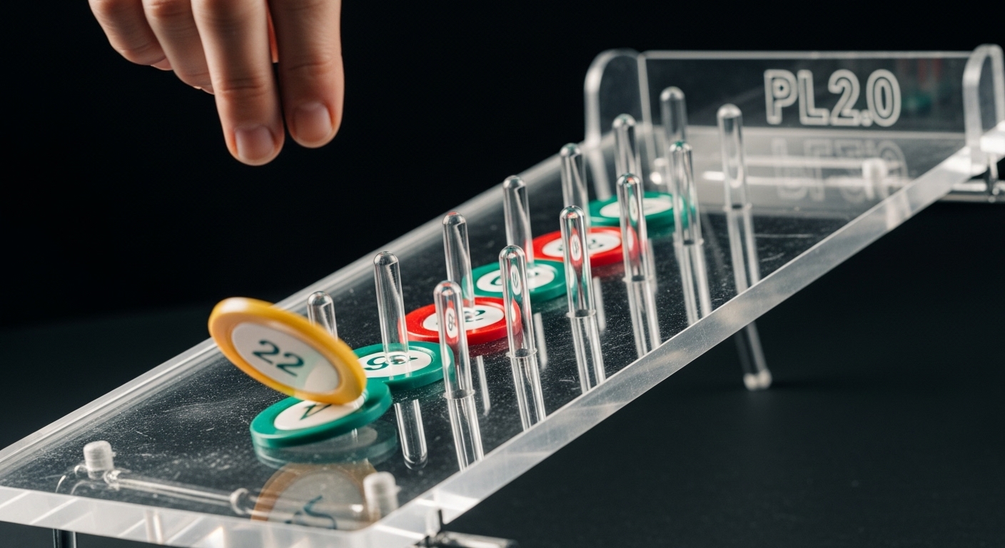 Plinko disk mid-bounce on a gravity-driven path through a pegboard, illustrating randomness and physical motion.