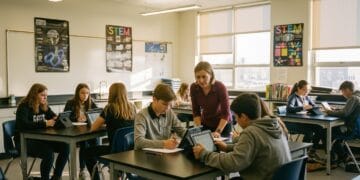 Middle school students collaborating on a science project using Gimkit in a bright classroom, guided by a teacher — example of game-based learning in project-based science.