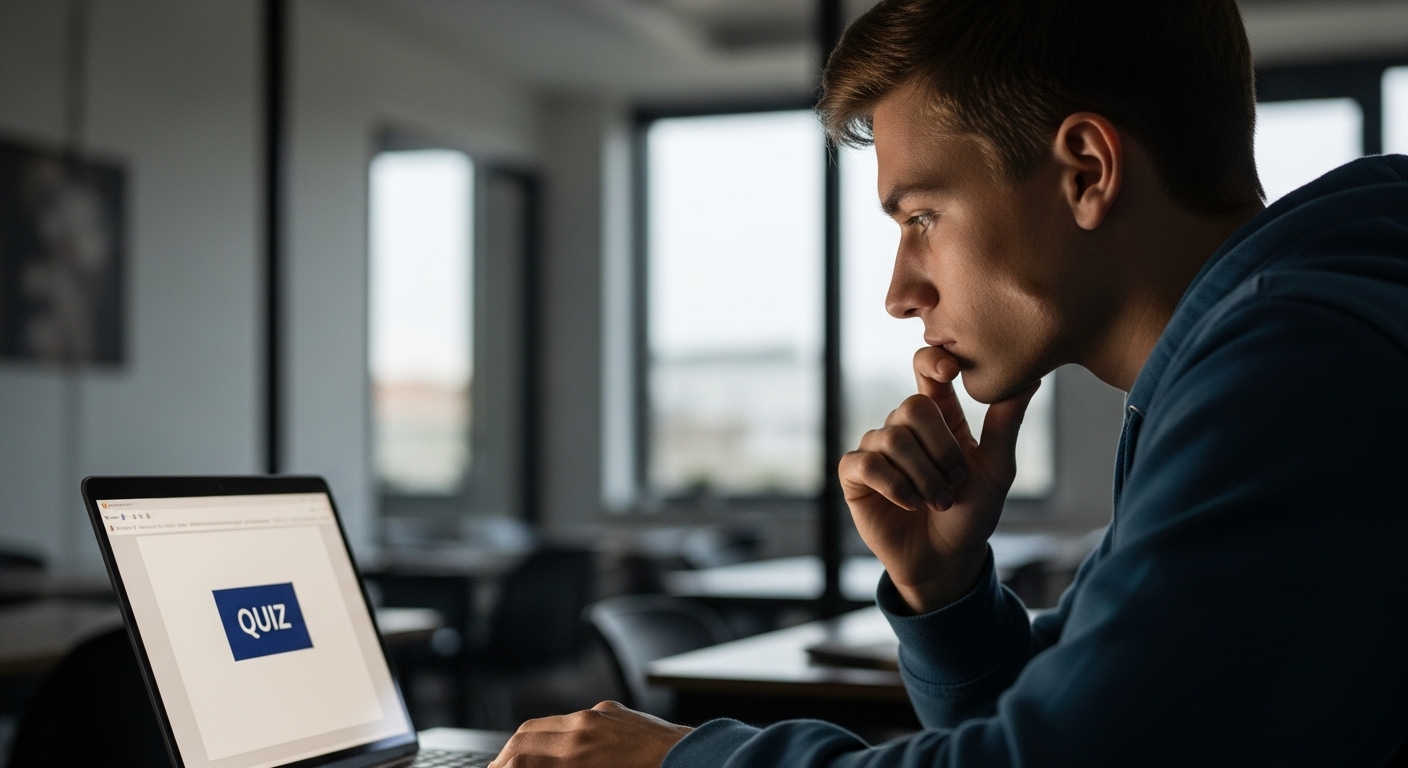 Teenager analyzing complex multiple-choice questions on a digital platform, showing critical thinking.