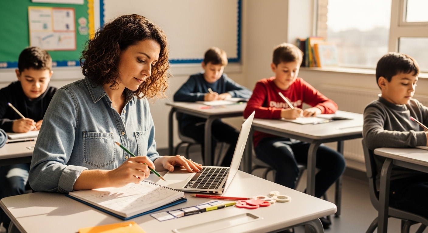 A teacher using a planner to schedule learning activities with students in a classroom, emphasizing educational gamification