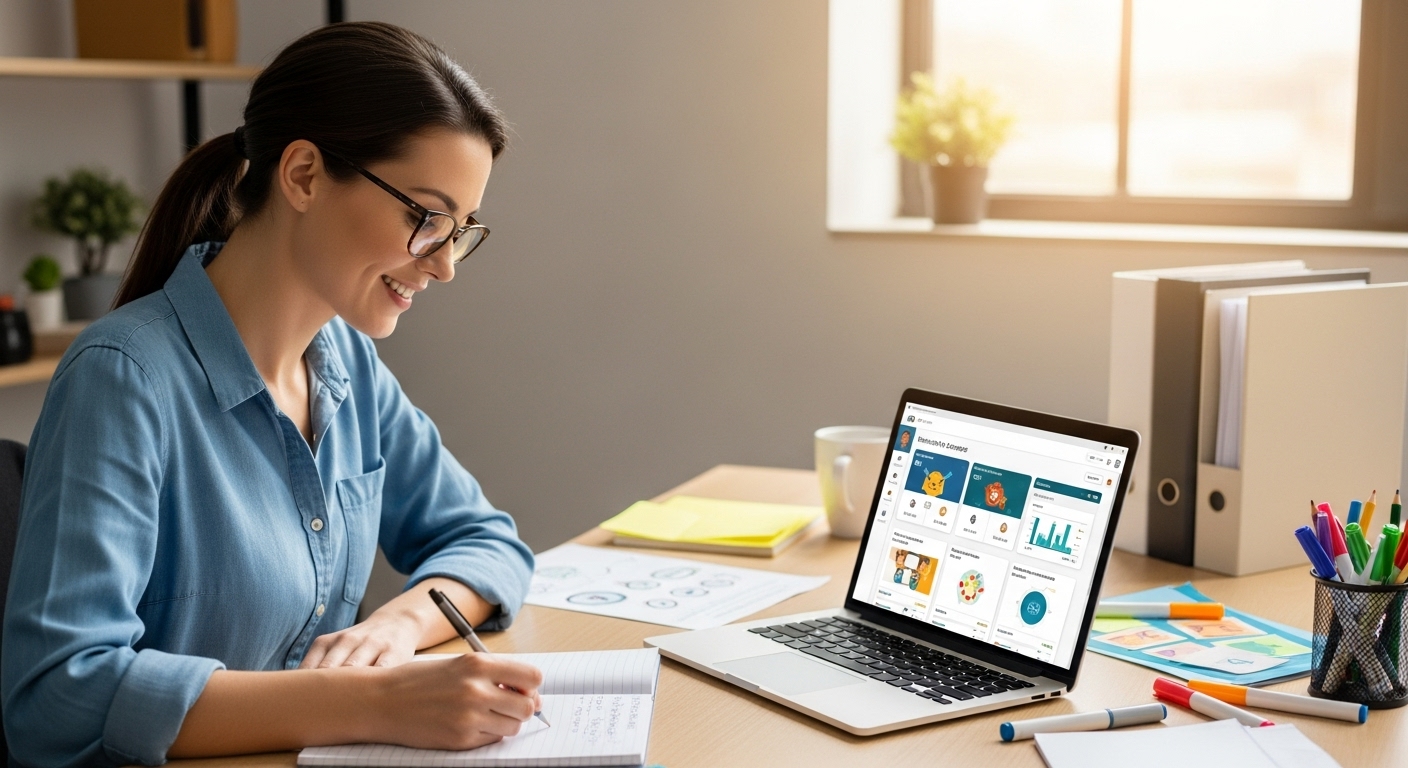 A thoughtful teacher writing goals on a notepad while looking at an assessment dashboard on a laptop, preparing to start an educational game for formative assessment.