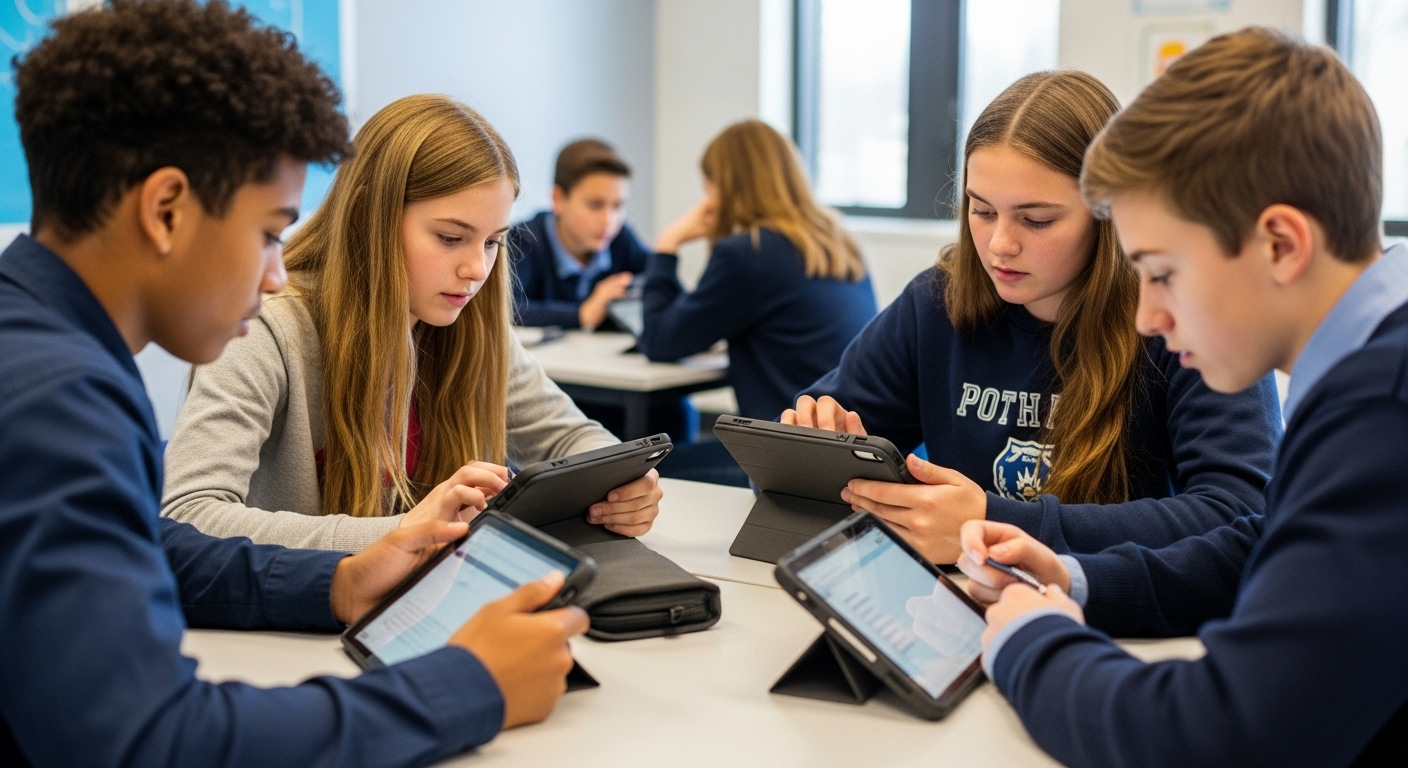 Middle school students solving real-world problems on digital tablets, showcasing higher-order thinking in a collaborative classroom