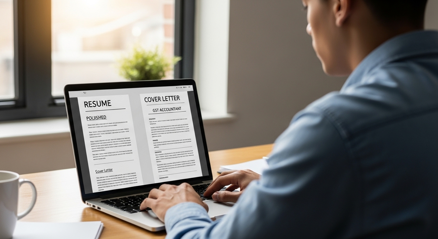 Professional using an online resume builder on a laptop, viewing a sample GST accountant resume with a matching cover letter layout

