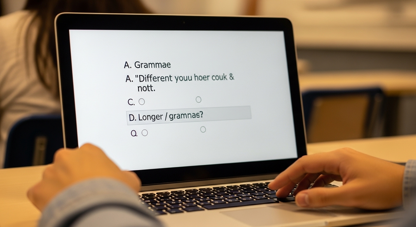 A side-by-side view of quiz options with one grammatically different from the others, on a school laptop screen."