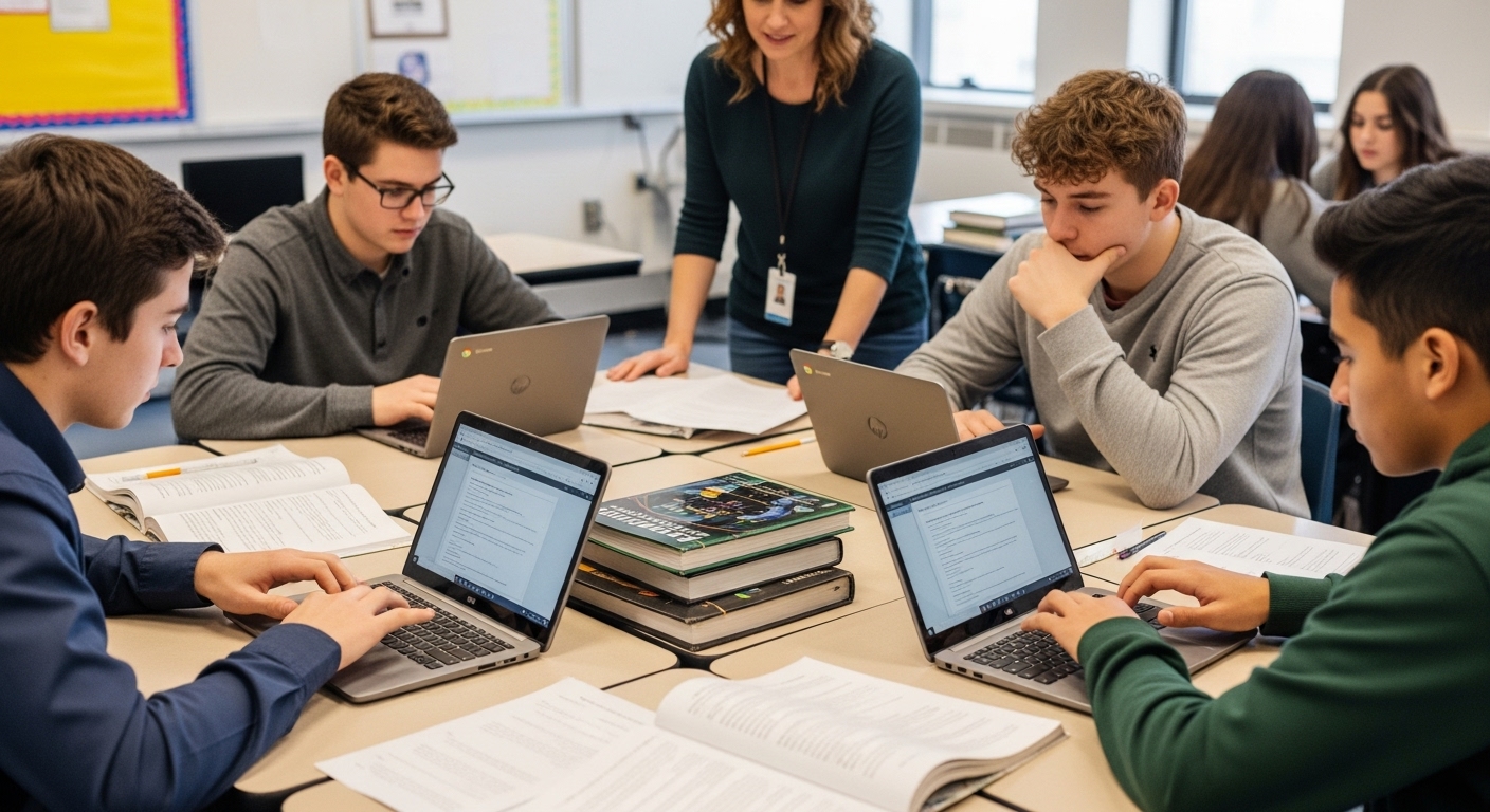Middle school students working in teams, using laptops for a Gimkit quiz focused on research terms in a science project