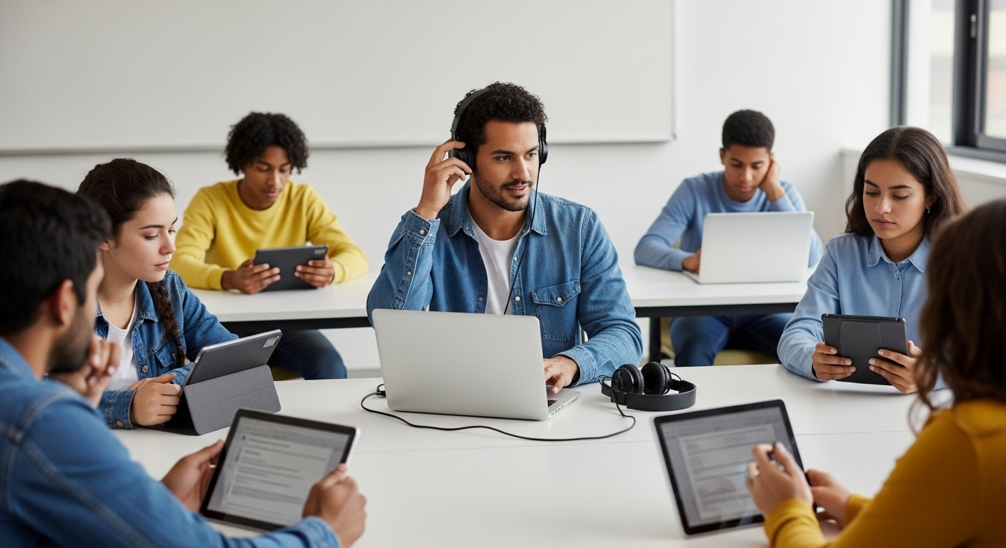 Teacher using headphones and laptop to integrate audio in a language learning classroom