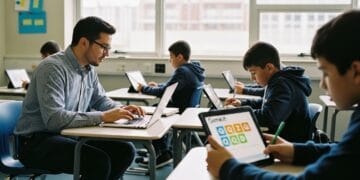 A teacher analyzing Gimkit game data on a laptop while students engage in a classroom game session, highlighting data-driven instruction techniques.