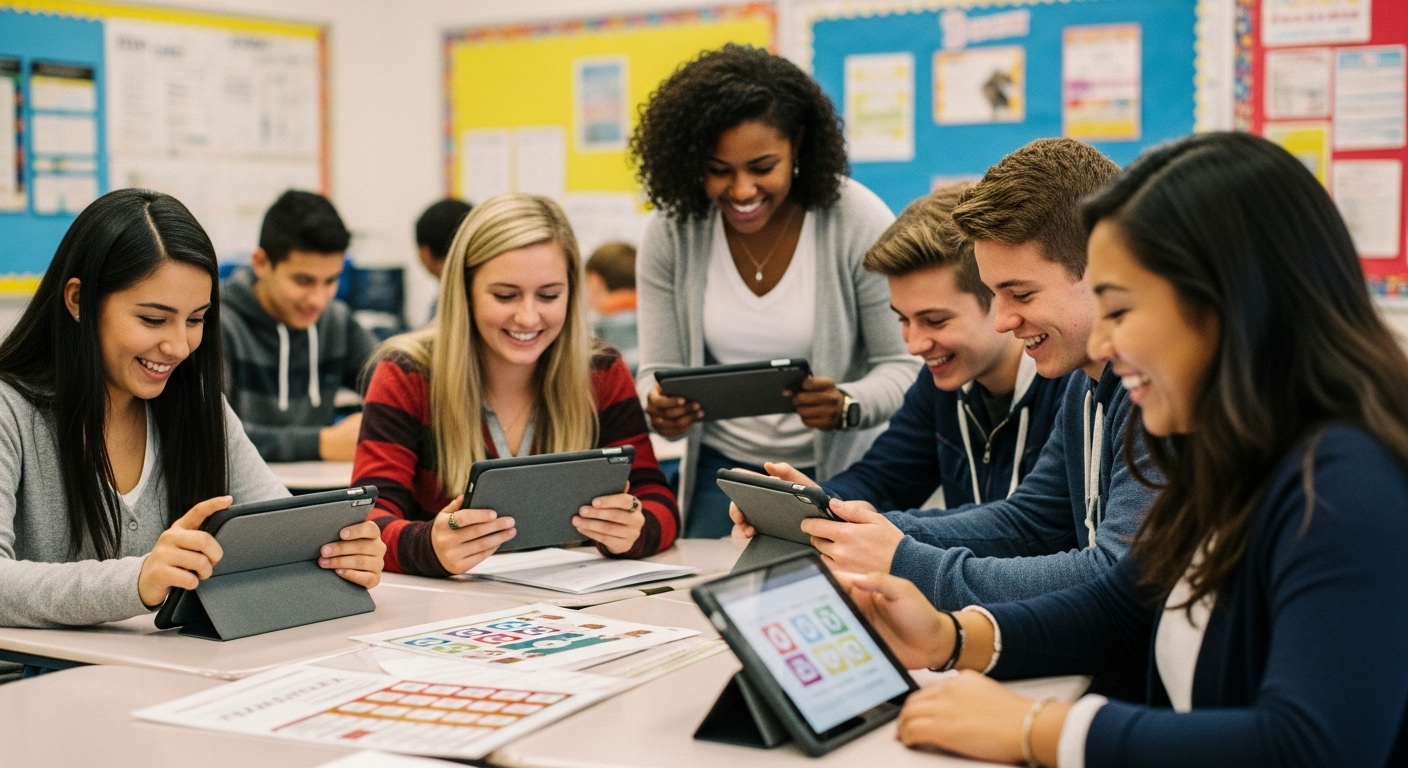 High school and middle school students collaborating and participating in a fun, interactive classroom activity, showcasing academic engagement through gamified learning tools.