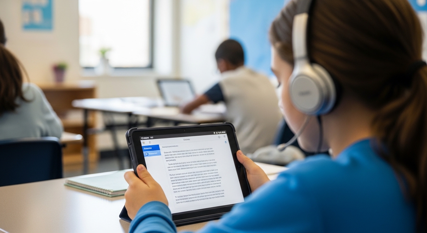 Middle school student using headphones with a tablet displaying text-to-speech functionality in a modern classroom environment