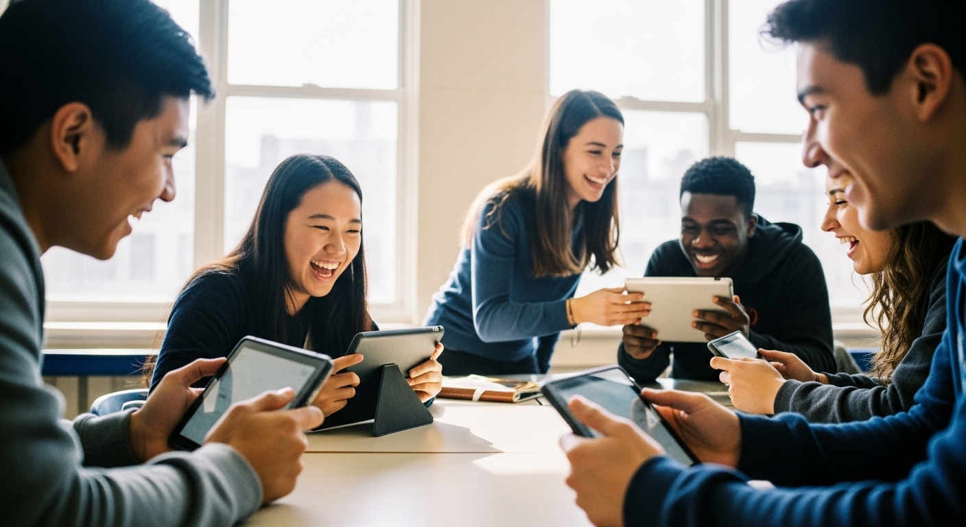 Smiling students playing an educational game in class, enjoying a fun interactive activity with laughter and engagement