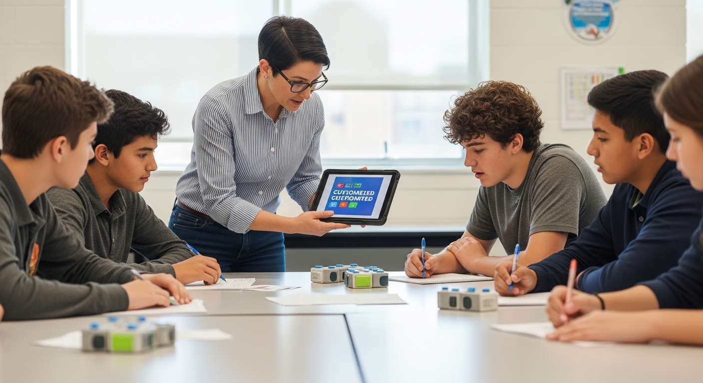 A student group collaborating on a science project while a teacher shows custom digital learning kits on a tablet
