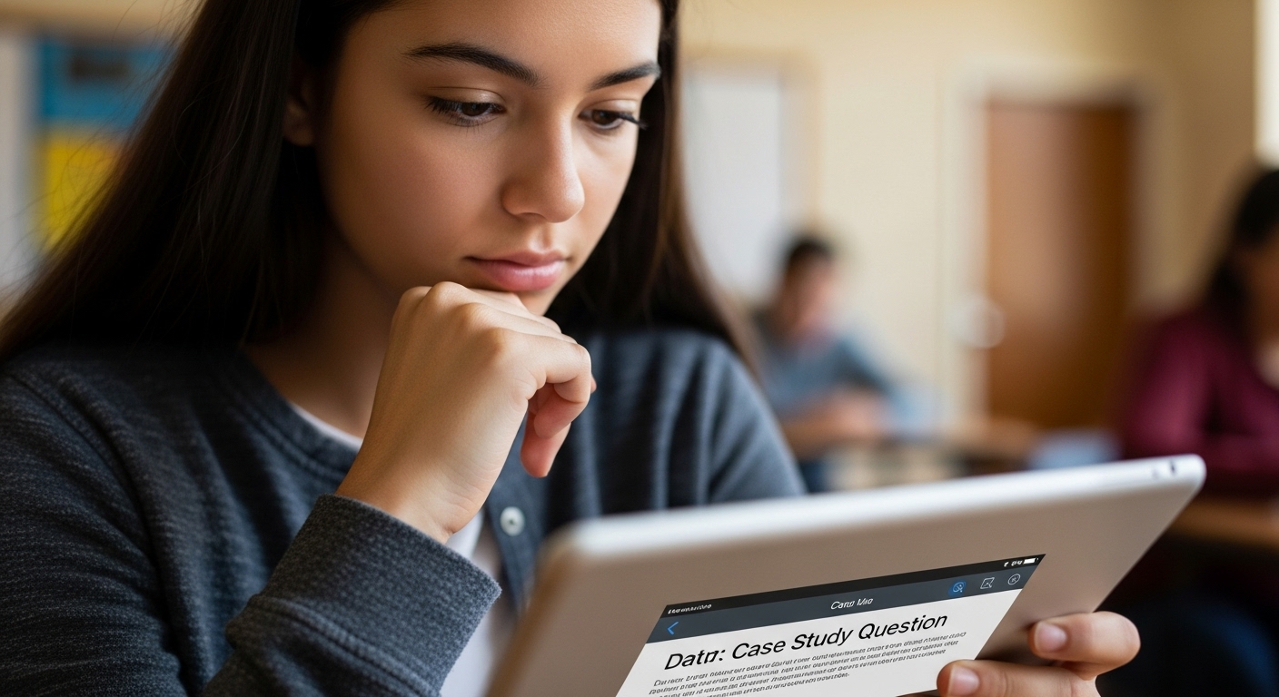 Focused student reviewing a complex scenario-based question on a tablet, revealing learning gaps through deeper assessment tools
