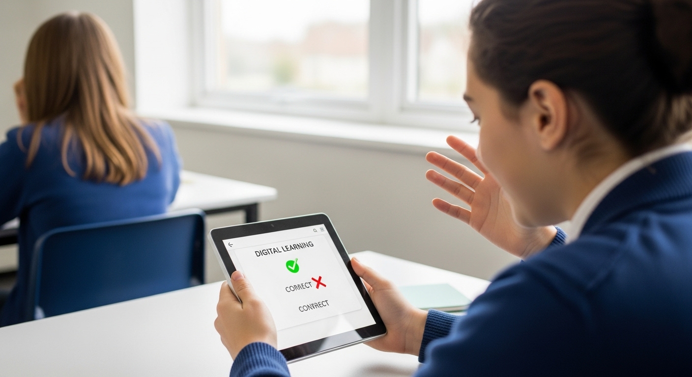 A student reacts to real-time quiz results on an educational app, showcasing instant feedback that enhances learning.