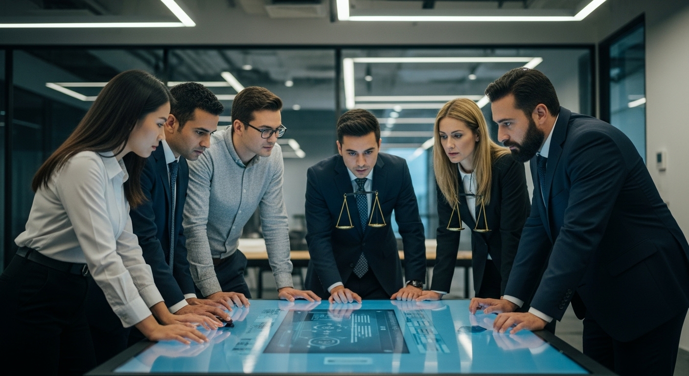 Team of IT, legal, and security professionals working together during a cybersecurity incident simulation in a modern office environment