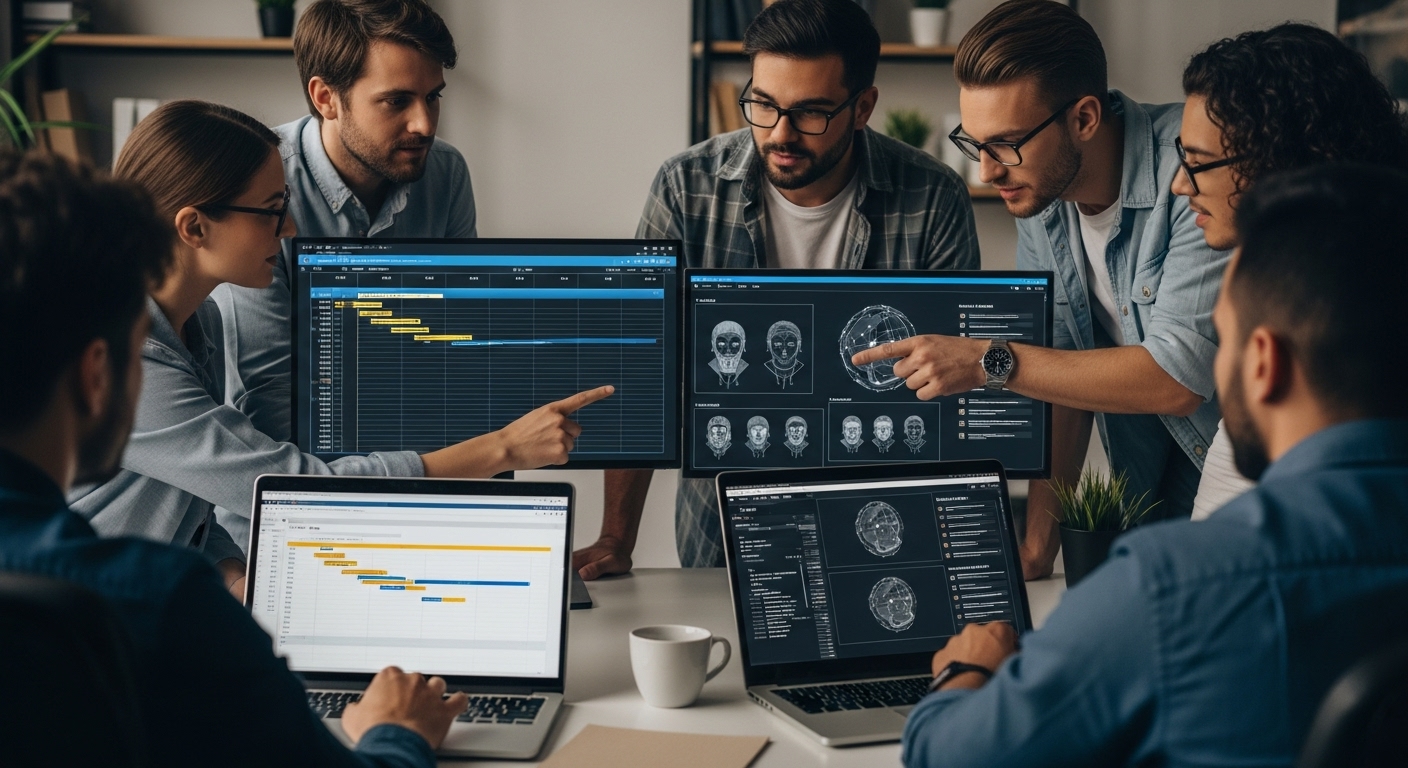 AAA game developers collaborating with an external art team in a high-tech office, sharing assets and tracking updates on digital screens.