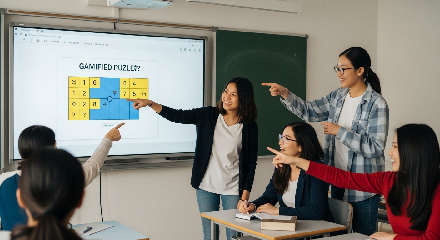 Students enthusiastically solving a puzzle-based learning activity in a gamified classroom environment, showing critical thinking in action
