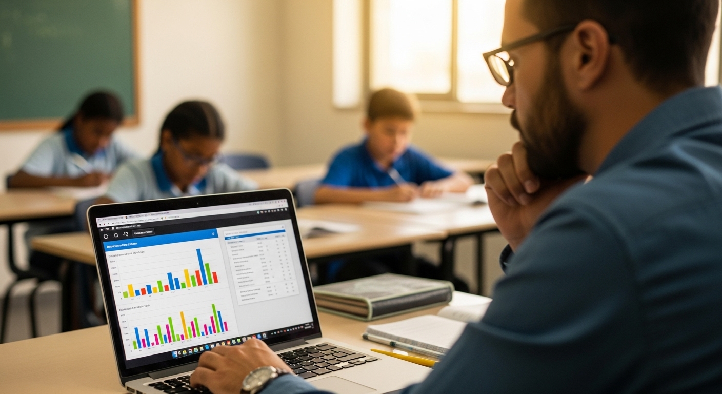 Educator reviewing data-driven insights from an educational platform to tailor instruction strategies