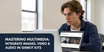 A student engaging with a Gimkit quiz featuring images, video, and audio elements on a laptop, showcasing how to add multimedia to Gimkit questions for better classroom engagement.