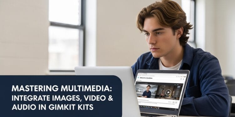 A student engaging with a Gimkit quiz featuring images, video, and audio elements on a laptop, showcasing how to add multimedia to Gimkit questions for better classroom engagement.
