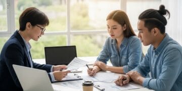 A mortgage loan officer reviewing a borrower’s credit report and financial documents during a home loan consultation in a bright, modern office.