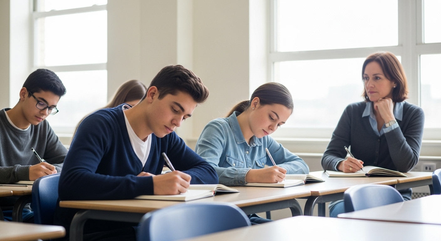 Thoughtful students sitting at desks, reflecting on their science learning experience, writing in notebooks while a teacher observes and assesses.