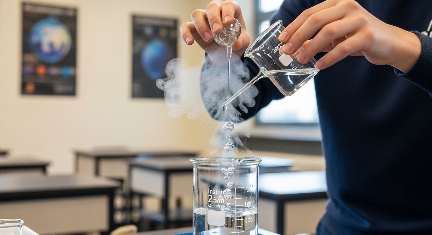 Student adding catalyst to a chemical reaction in a school lab and observing increased reaction speed with visible bubbling