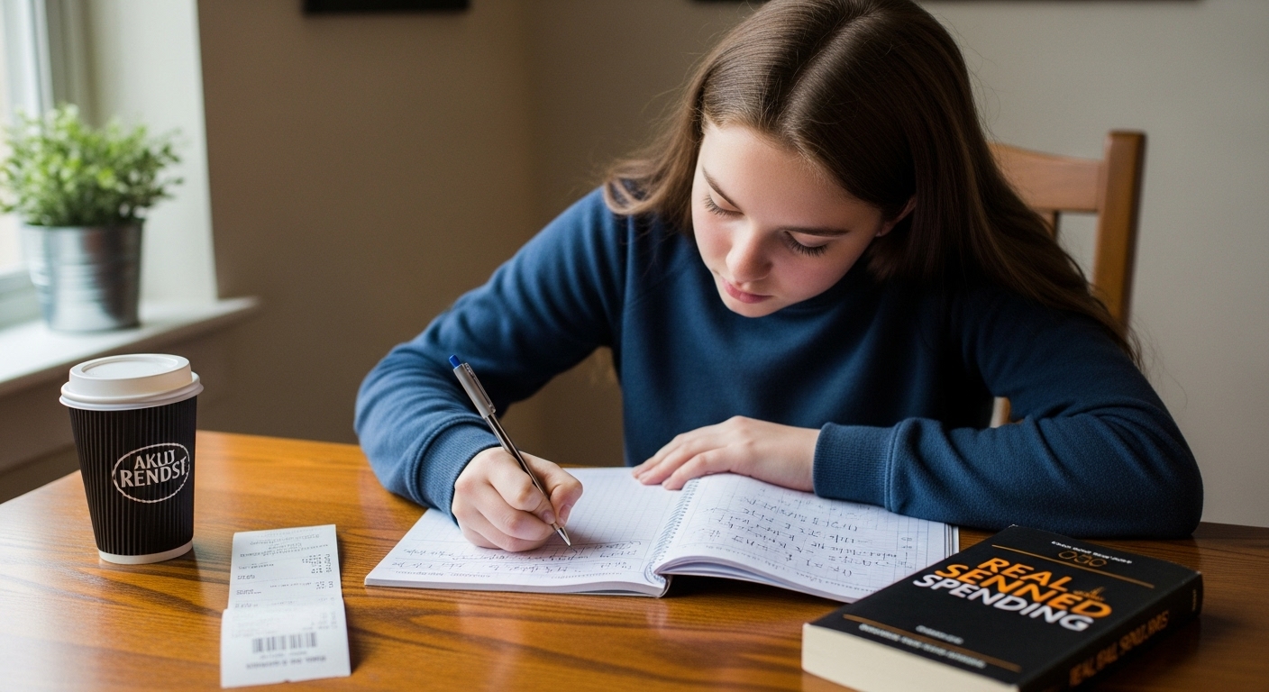 Teen girl calculating expenses on paper while studying real-life math problems at a cozy desk

