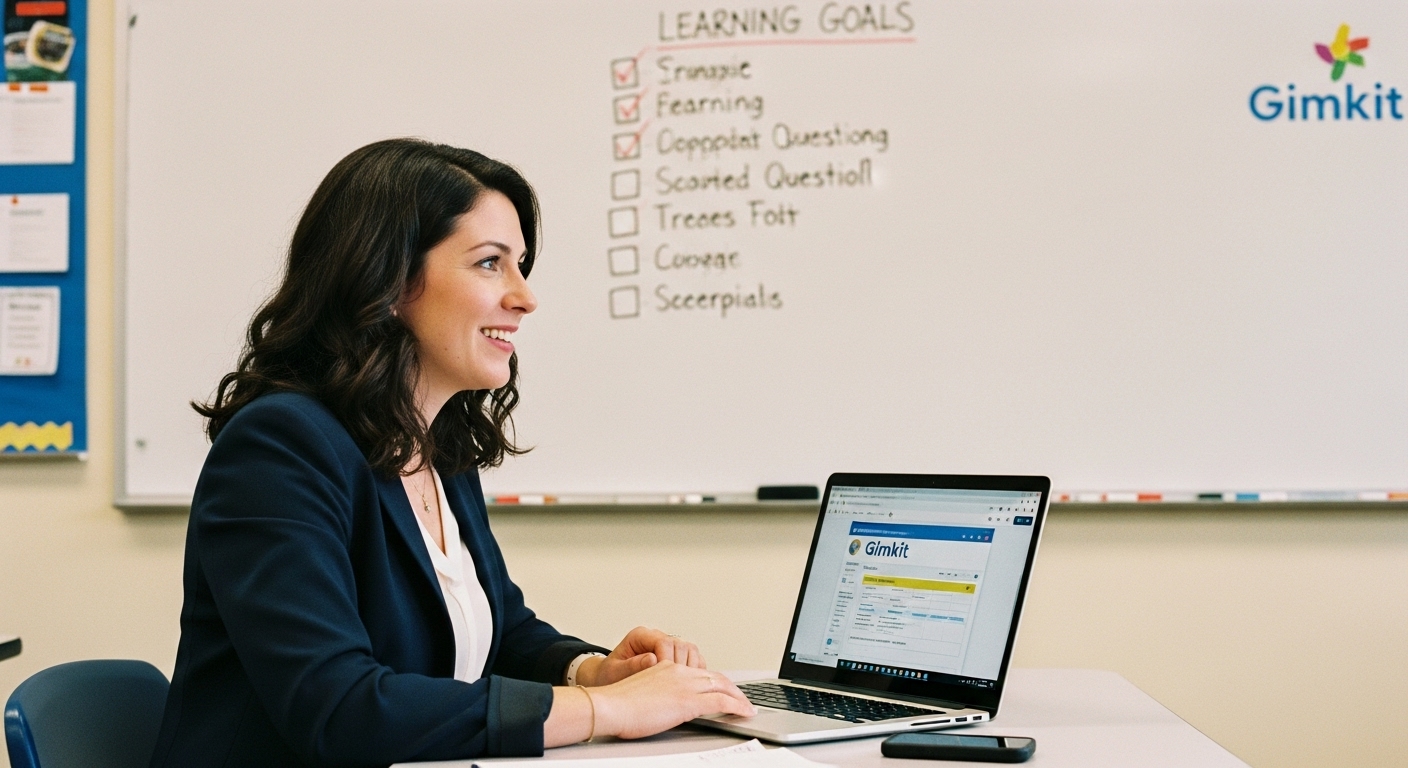 A focused teacher creating quiz questions on a laptop using an educational platform like Gimkit, with a checklist and learning goals written on a whiteboard.