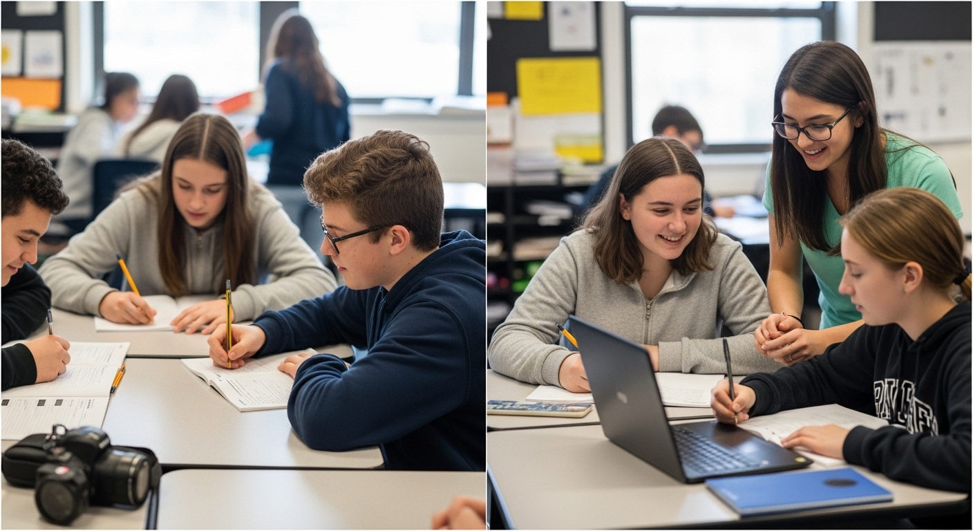 Diverse students working on different learning tasks based on skill level

