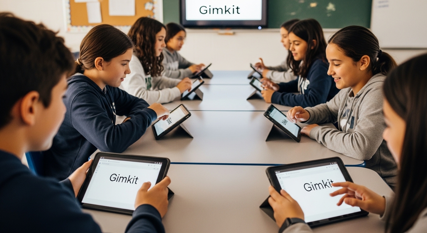 Two student teams in a classroom enthusiastically competing in a Gimkit team challenge.