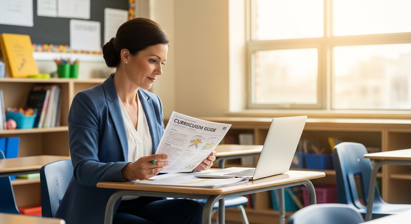 History teacher sitting at a desk cross-referencing a digital lesson plan with printed curriculum standards guide