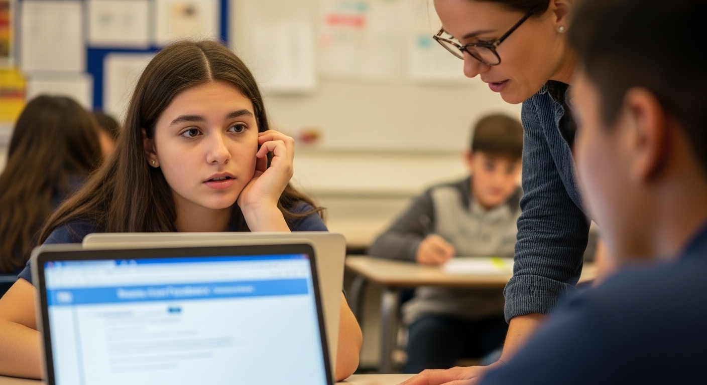 A student looking puzzled at a screen, while a teacher notices and prepares to assist, representing immediate feedback with Gimkit.