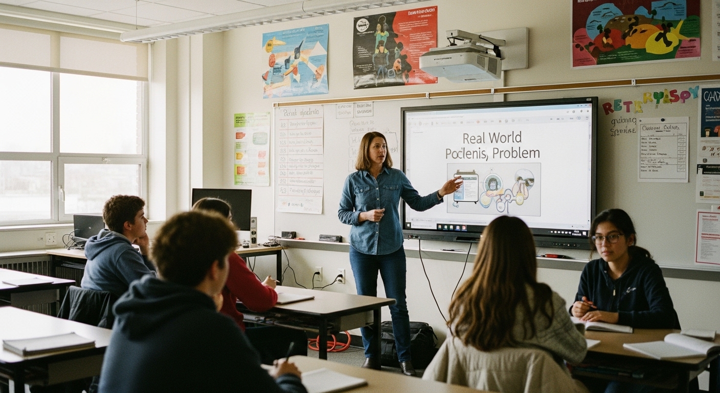 Teacher showing students a real-world scenario on a smartboard, linking academic content to everyday life in a classroom setting