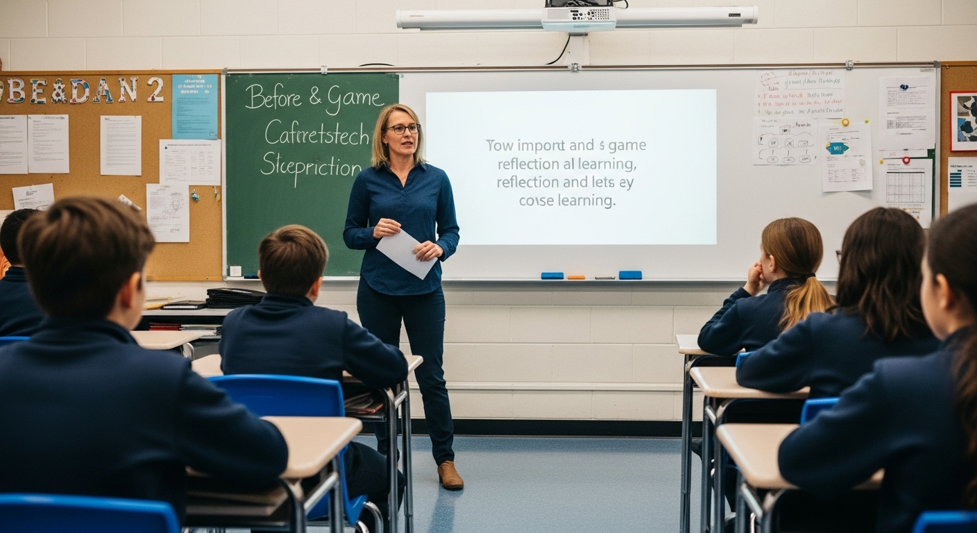 A teacher speaking seriously to students before a digital classroom game, emphasizing the importance of retaining knowledge. 