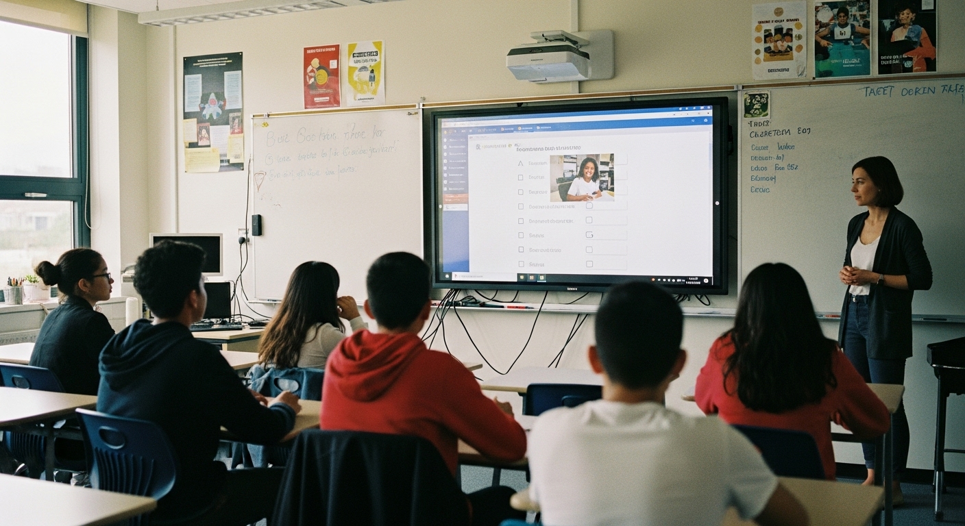 A group of students interacting with digital quiz questions on a large screen in a classroom, using images for interactive learning in Gimkit.