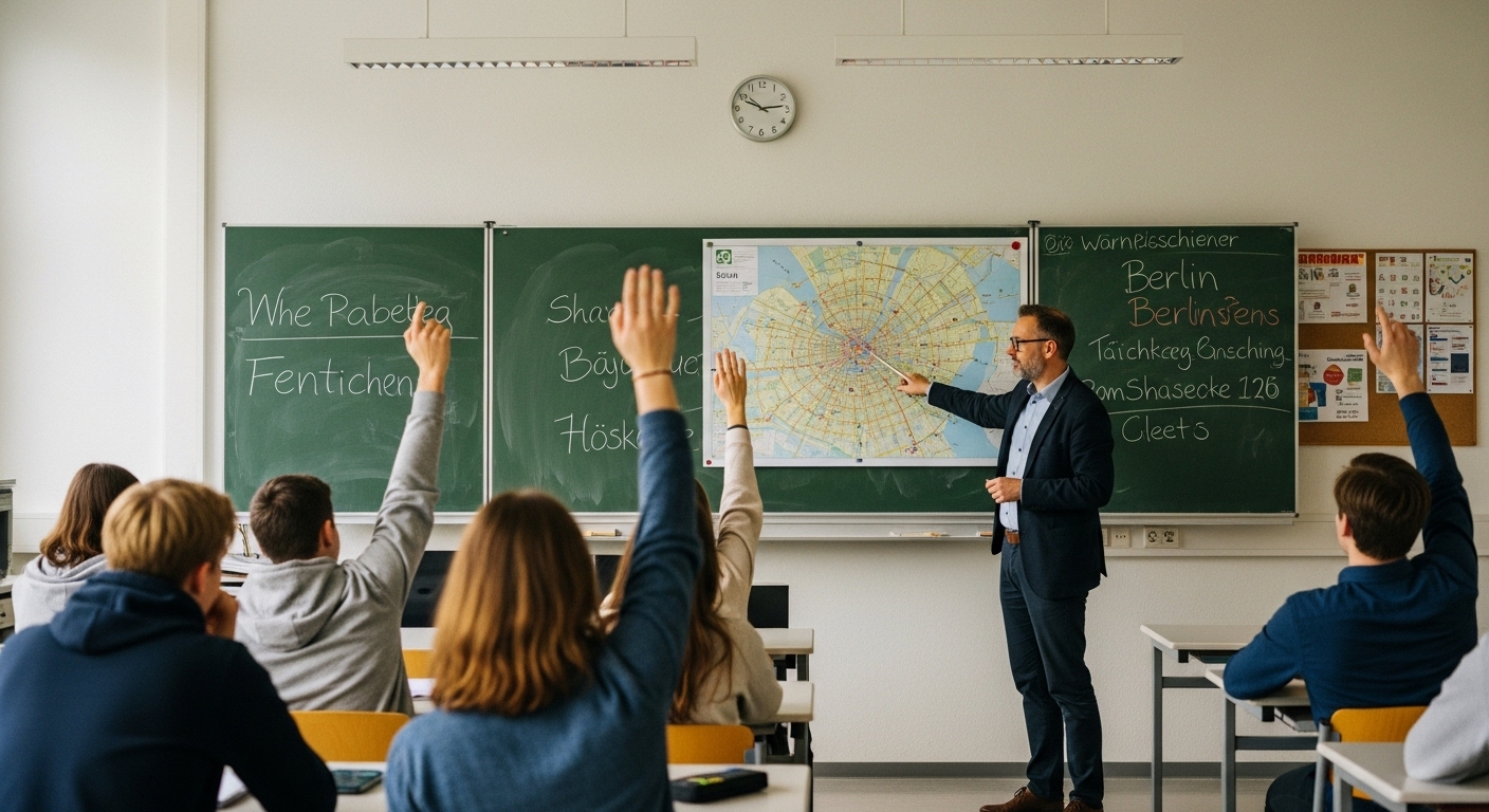 Teacher explaining Cold War concepts to curious high school students using a map of Berlin, illustrating how partial understanding can mislead.