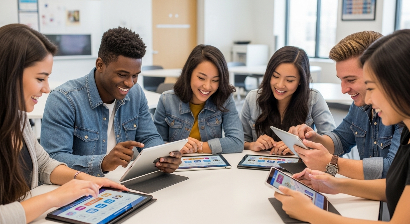 High school students interacting with a digital quiz game on tablets, boosting classroom engagement through visual learning