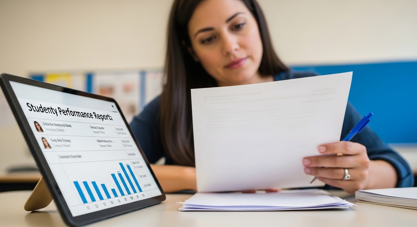 Teacher reviewing personalized student performance reports from Gimkit