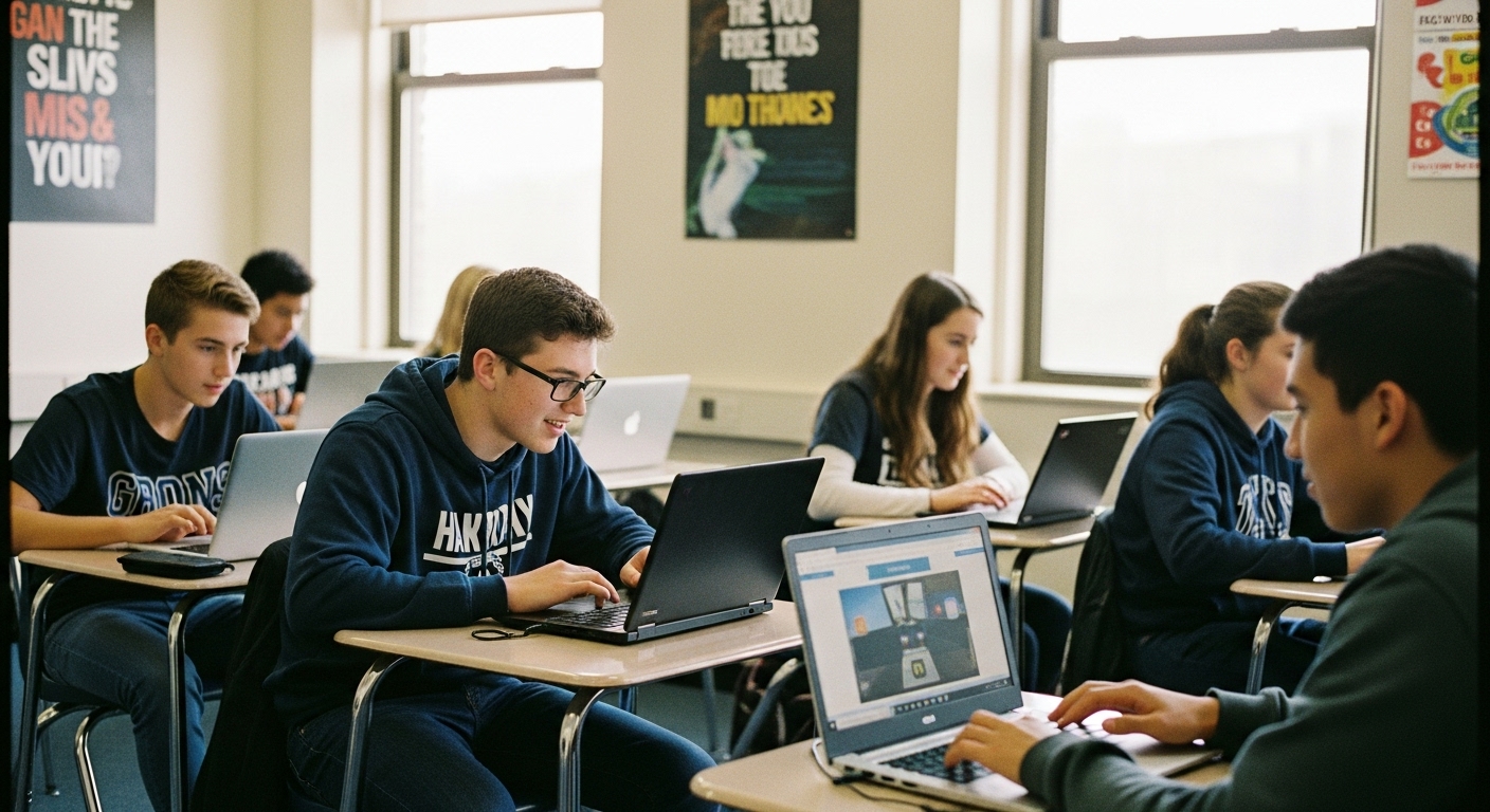 High school students energetically competing on Gimkit in a classroom, showing engagement, teamwork, and friendly rivalry while using tablets or laptops.

