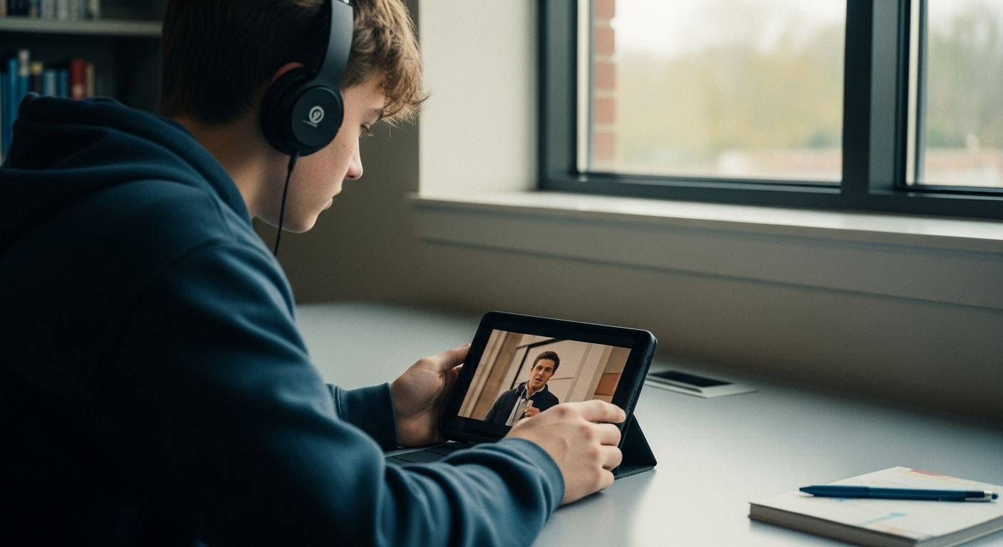 Student watching a short, focused educational video on a tablet in a calm learning space