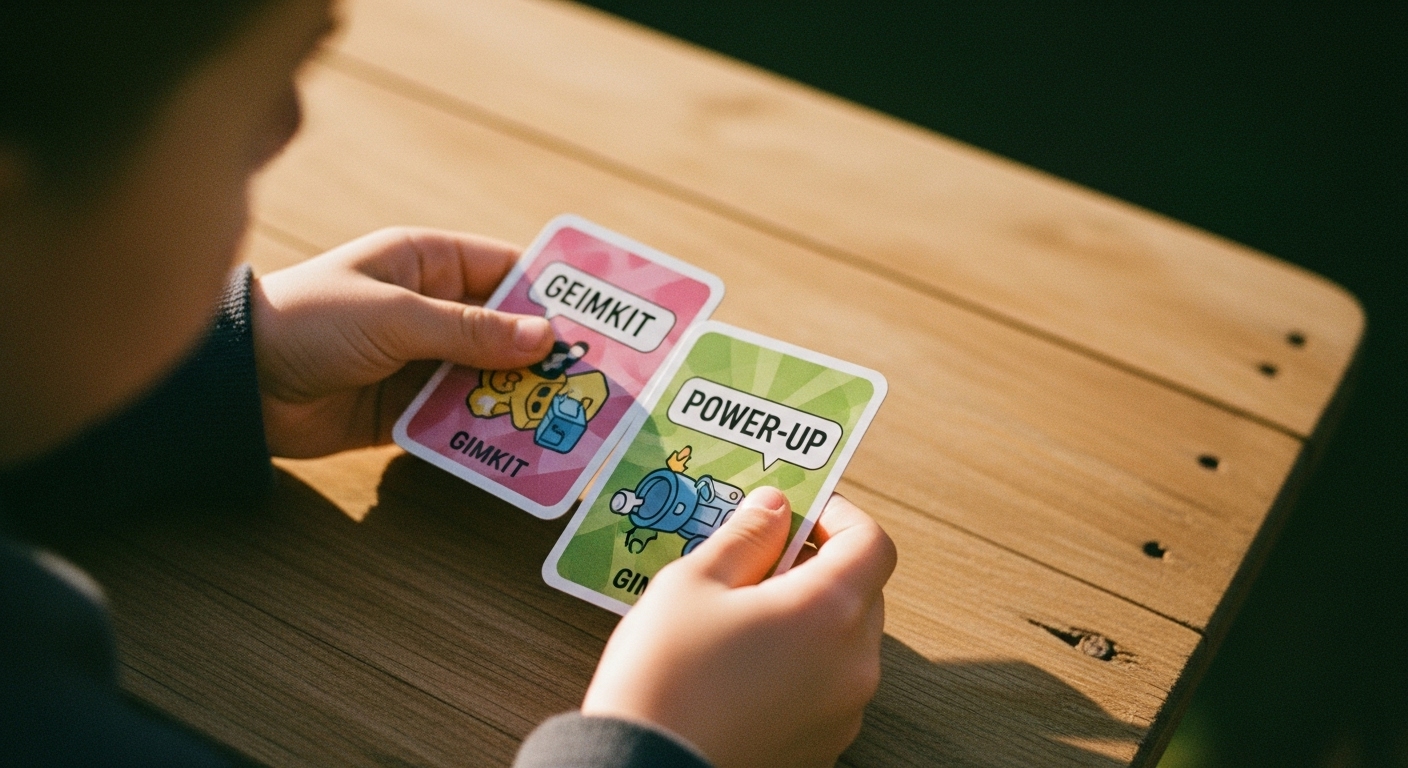 Student holding multiple custom Gimkit power-up cards with bright colors on a wooden desk
