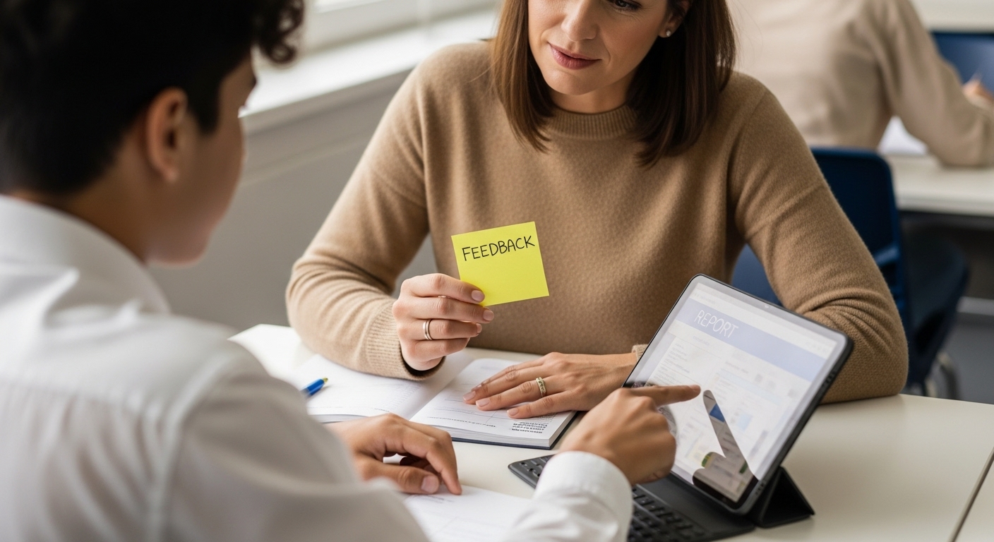 Teacher giving personalized feedback to a student after a quiz

