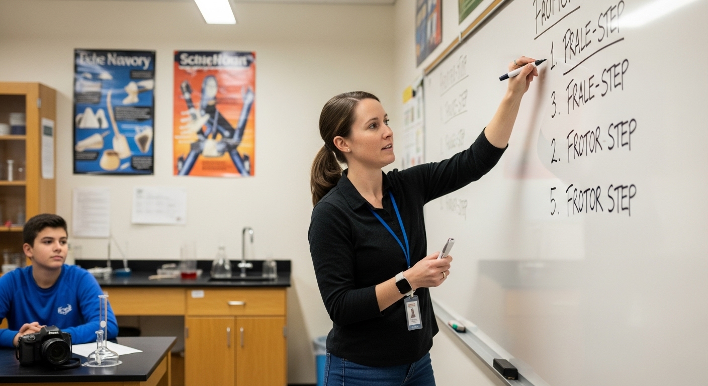 Middle school science teacher writing process steps on a classroom whiteboard to explain a concept clearly
