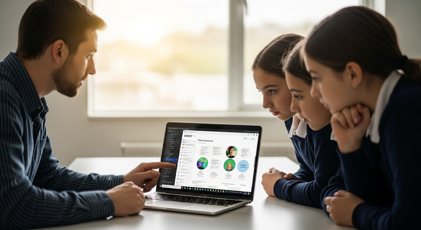 A teacher reviewing a digital dashboard showing student performance from Gimkit on a laptop while students look on. 