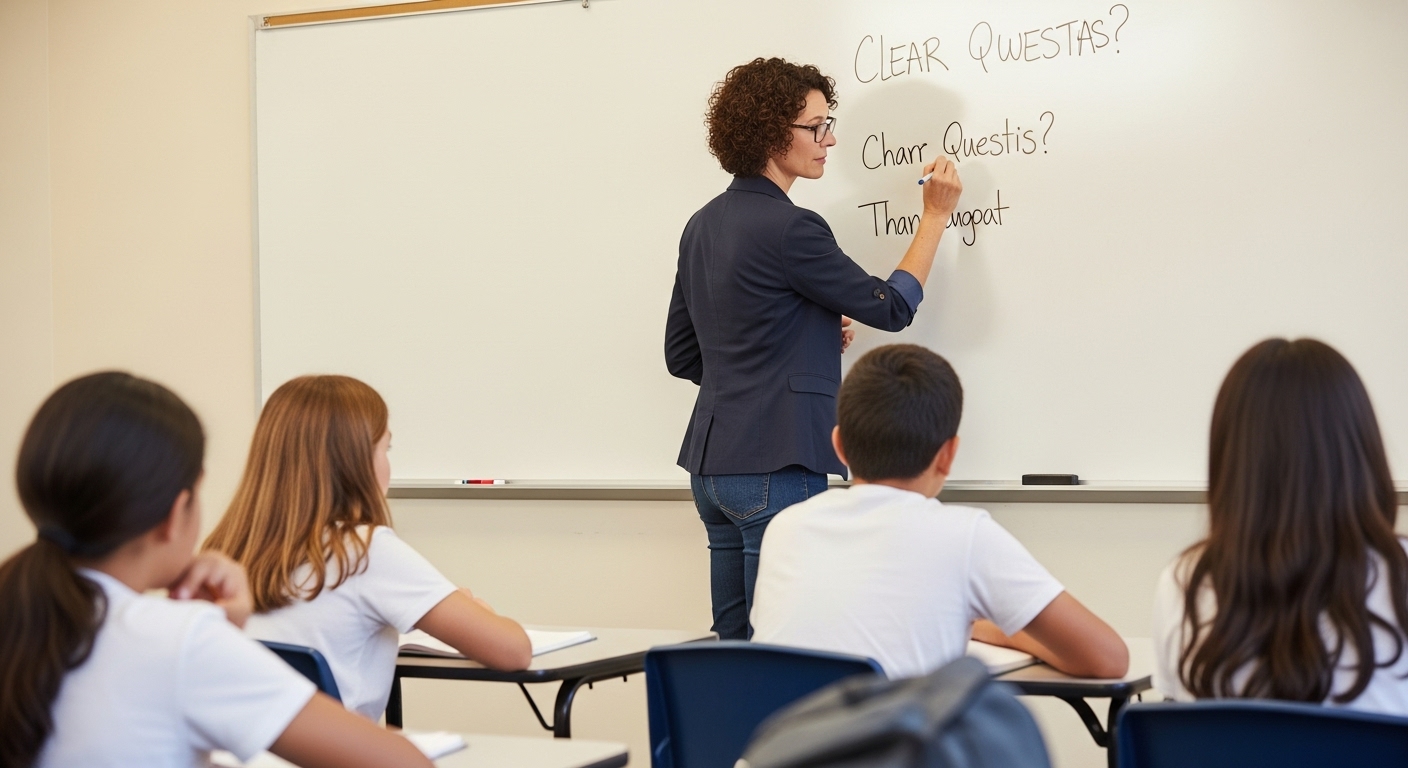 Teacher helping students understand history with simple and clear questions on a whiteboard during a middle school classroom session