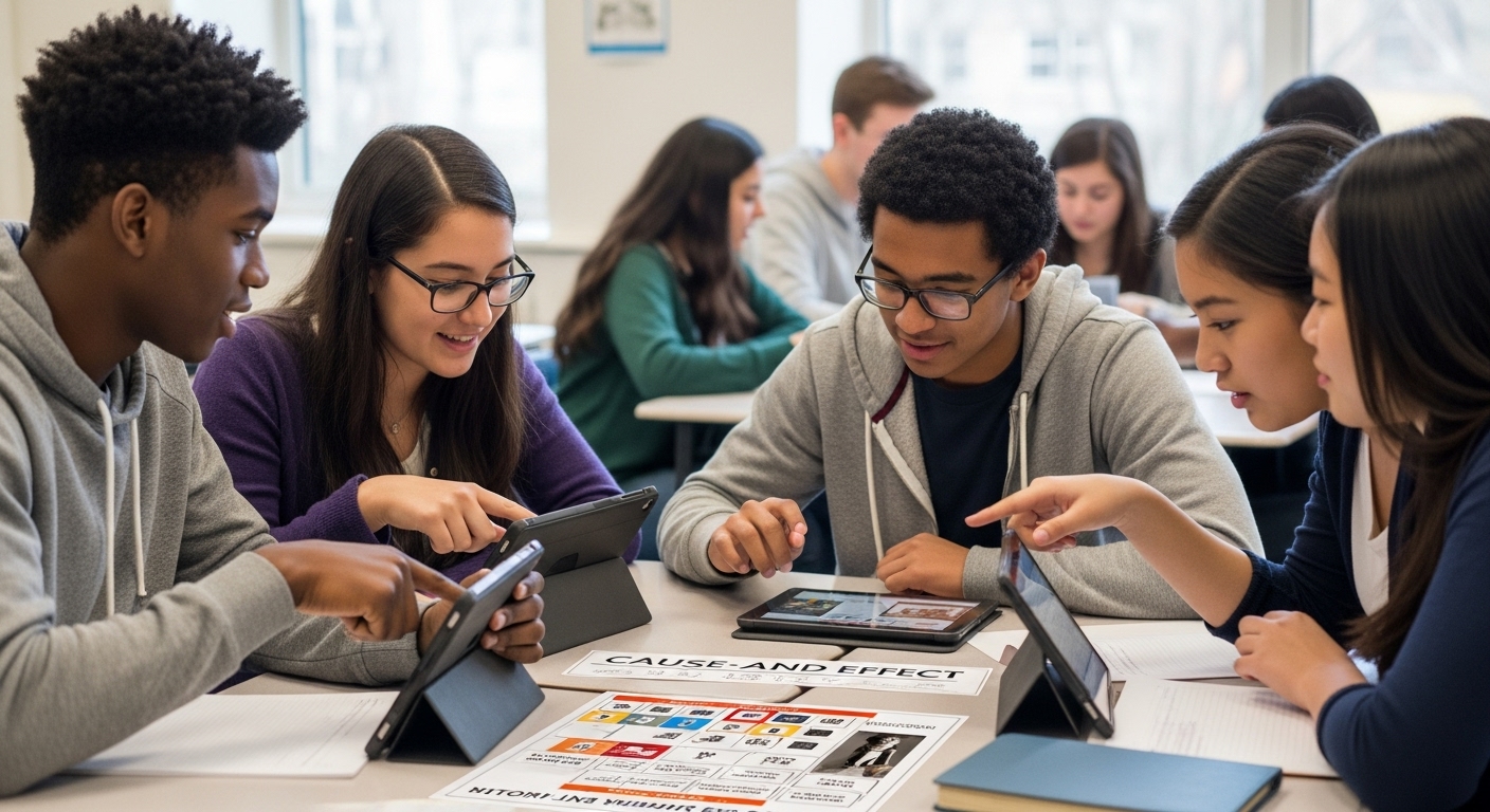 Students actively discussing cause-and-effect between historical events while answering questions in an educational game.