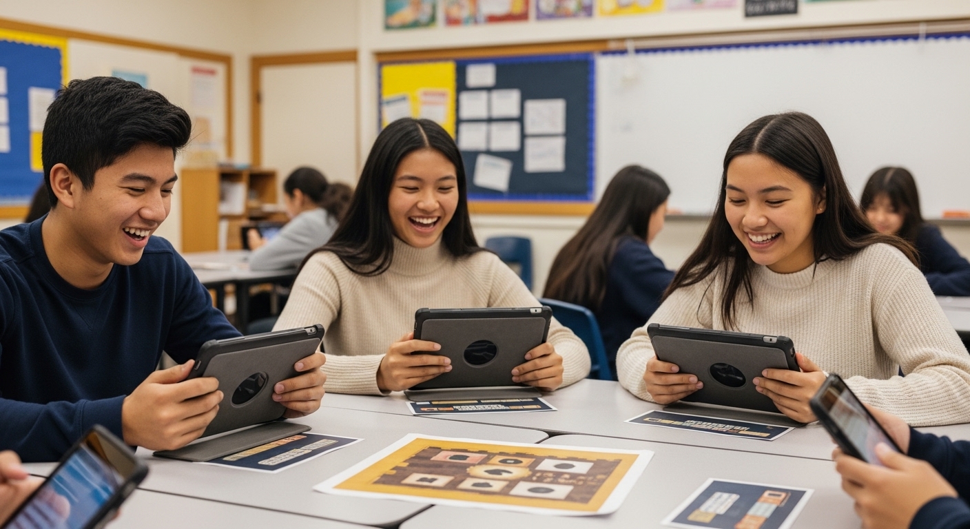 Smiling students in a classroom visibly excited while playing an educational history game on their tablets.

