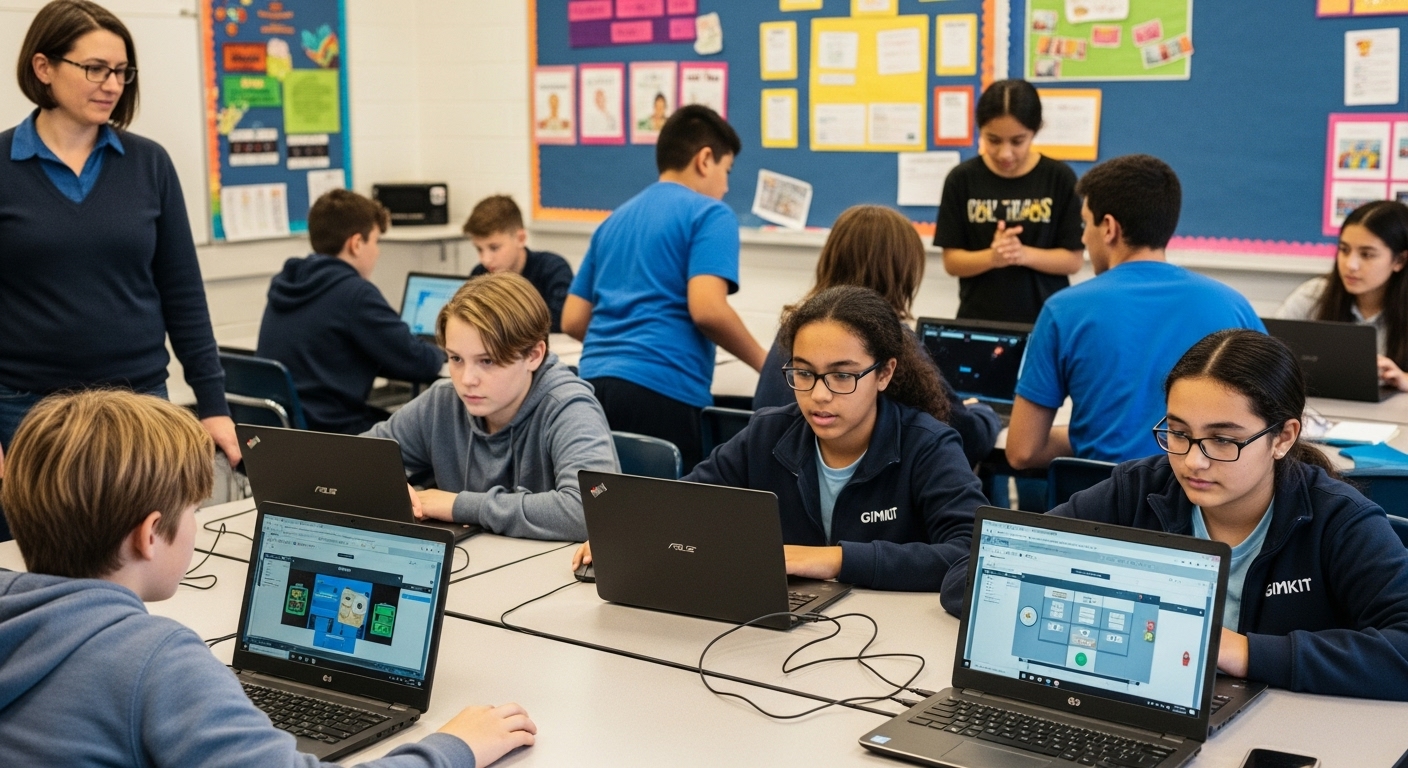 Teacher observing students play various Gimkit game modes on laptops in an energetic classroom 