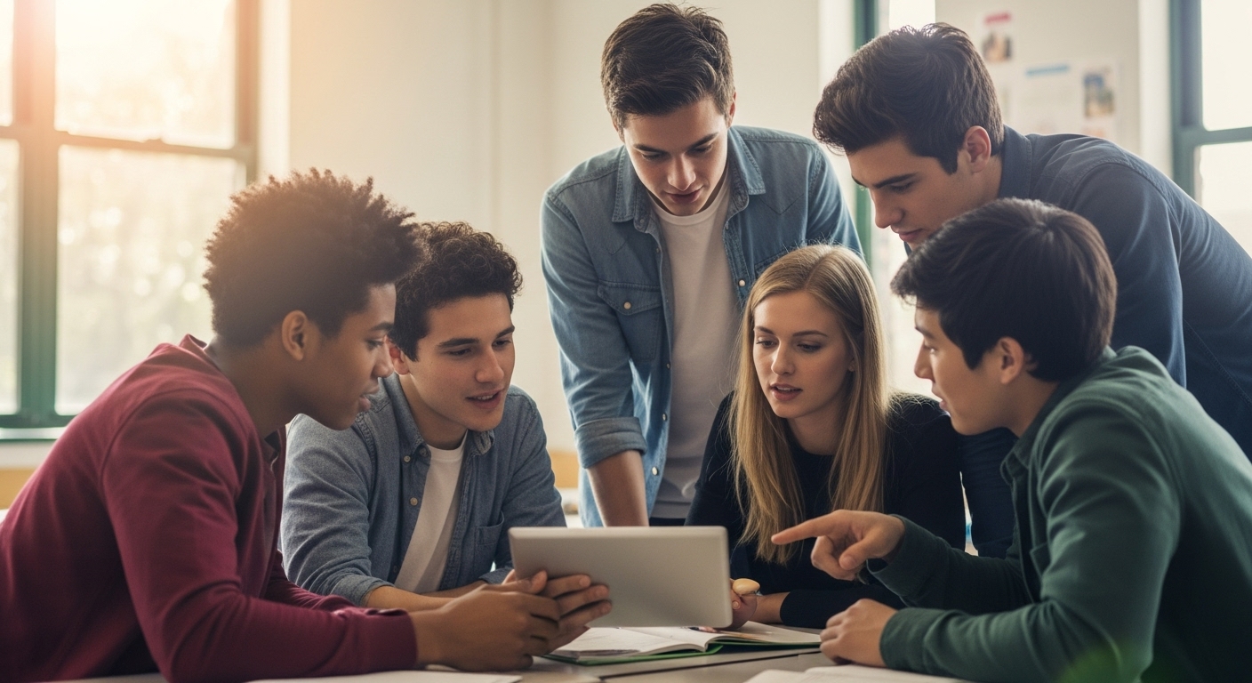 Group of students working together on an interactive classroom game, demonstrating collaboration in digital learning.