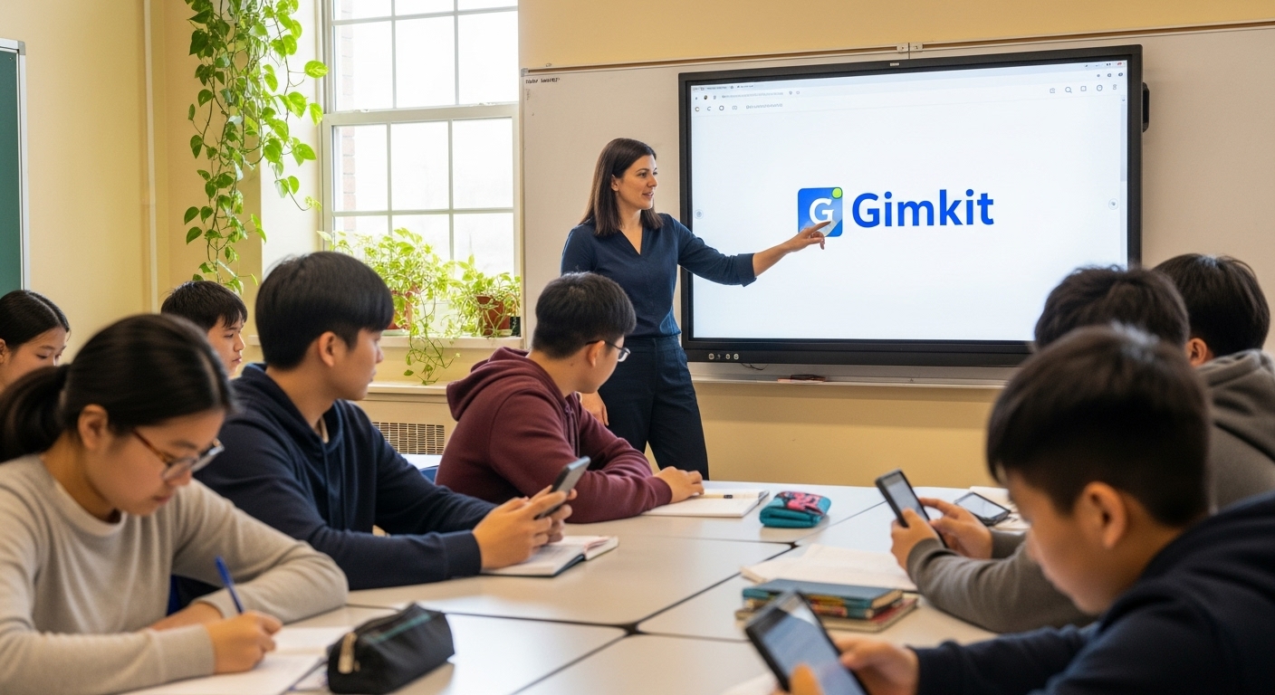 Students reviewing their science learning using Gimkit in a reflection session guided by their teacher.